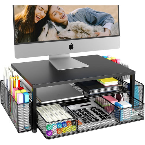 2 Tier Monitor Stand with Drawer and Pen Holders in Black