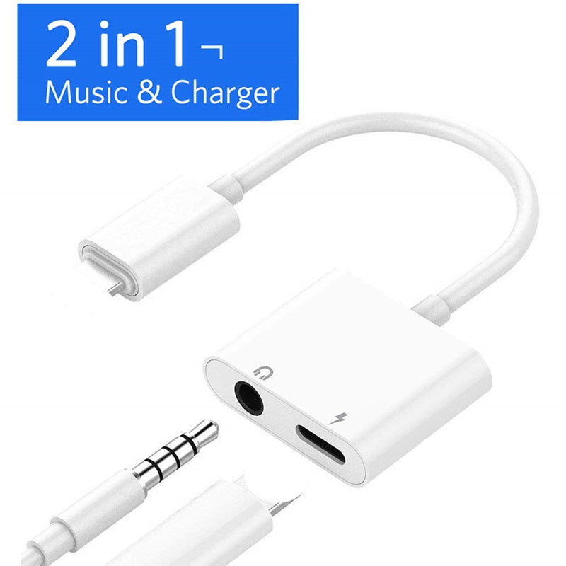 8-in-1 phone audio adapter connected to smartphone, allowing charging and audio playback simultaneously.