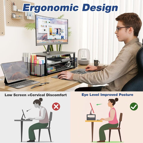 2 Tier Monitor Stand with Drawer and Pen Holders for efficient workspace organization.